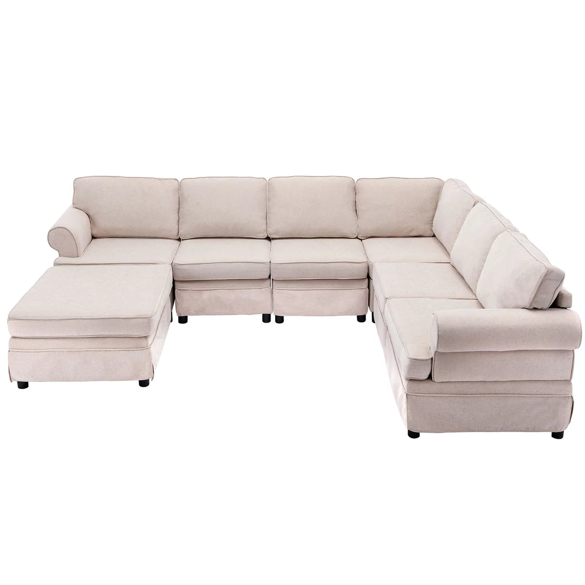 Beige Linen U Shape Convertible Sectional Sofa with Ottoman P49064