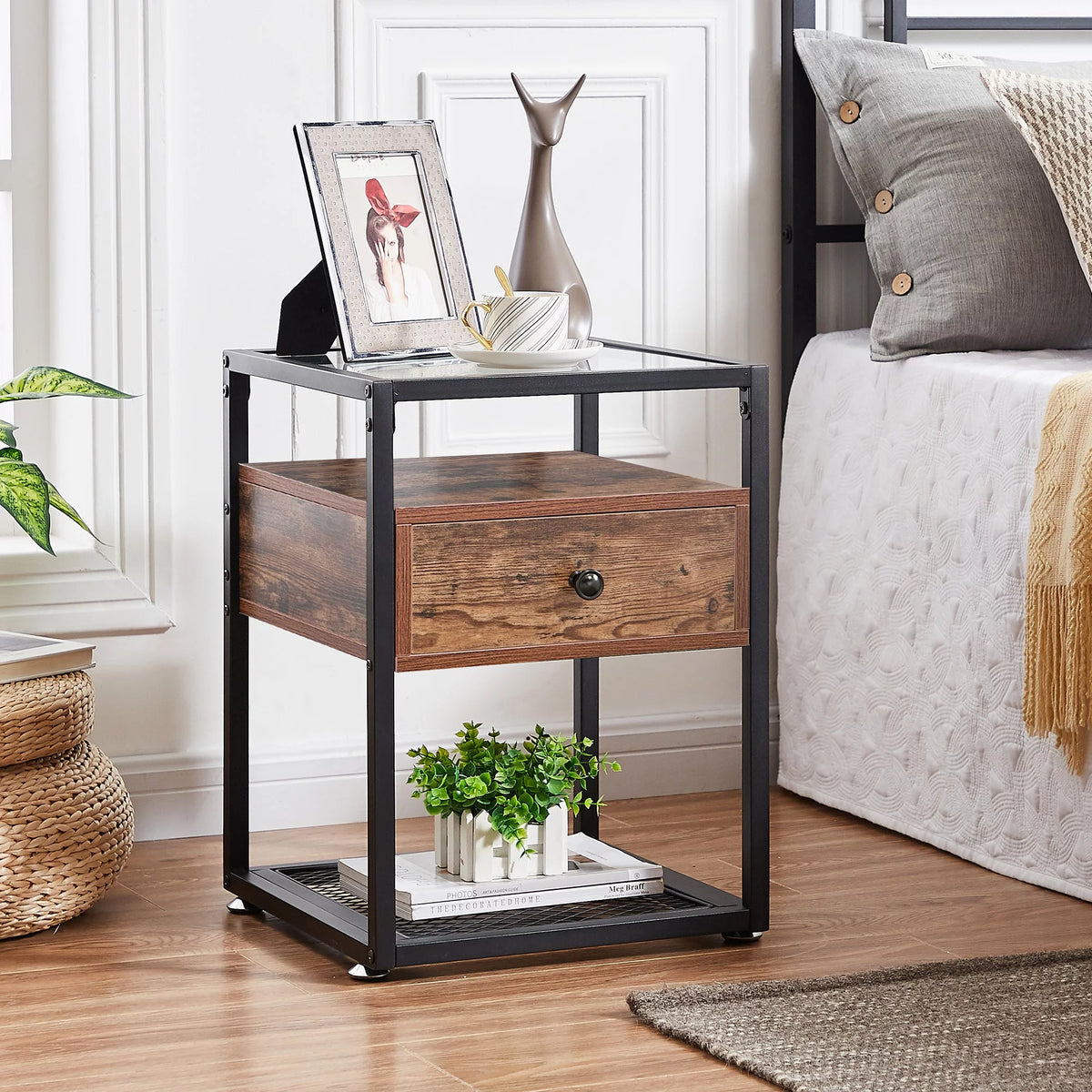Brown Nightstand with Drawer and Shelf W475