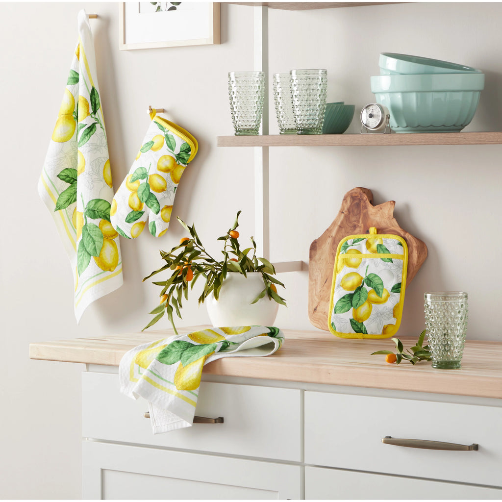 White Yellow Kitchen Towel Oven Mitt Potholder Set 4-Pack K2717