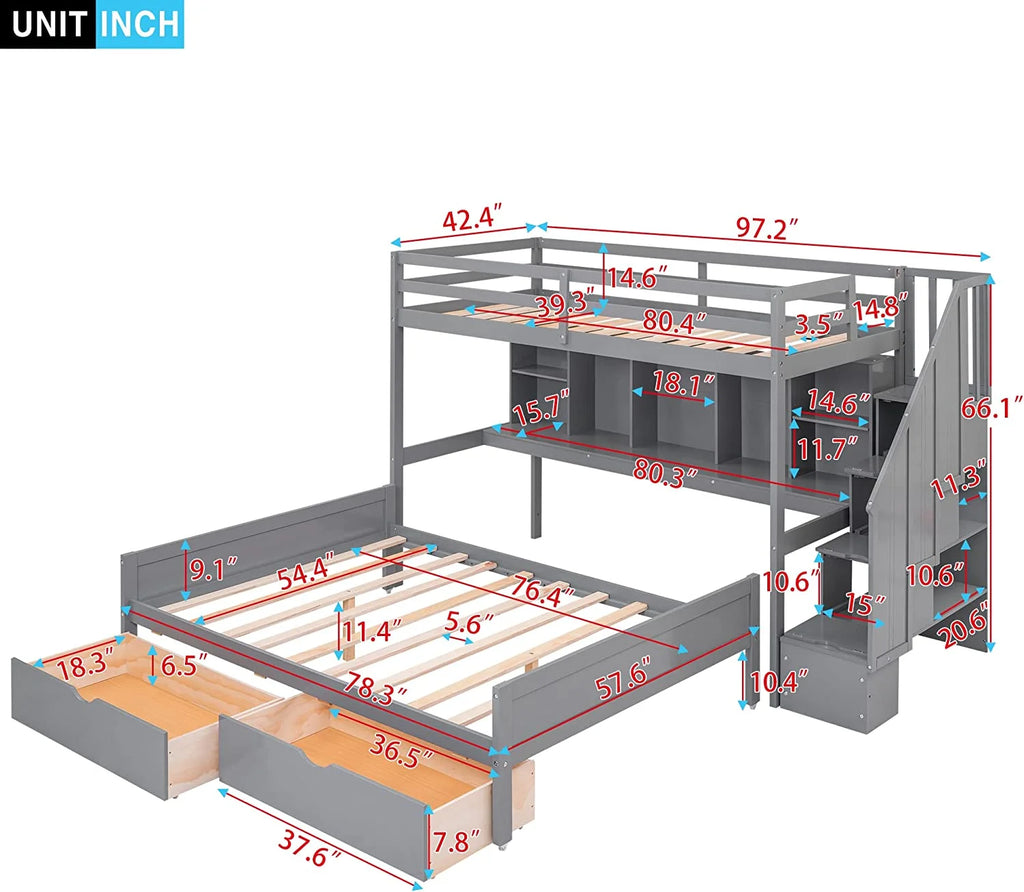 XL Over Full Solid Wood Bunk Bed with Stairs and Storage O164332