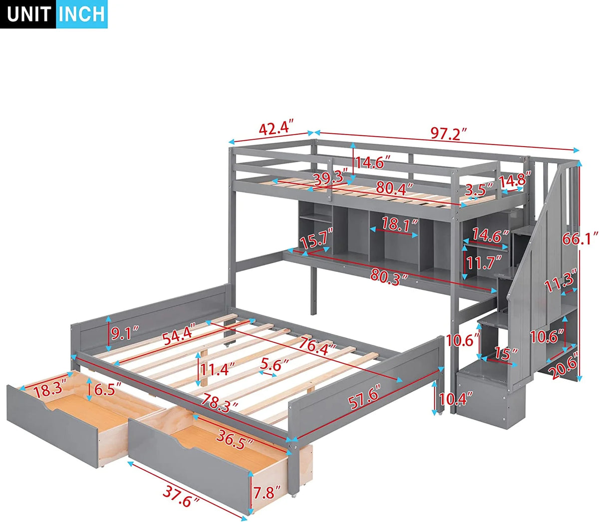 XL Over Full Solid Wood Bunk Bed with Stairs and Storage O164332
