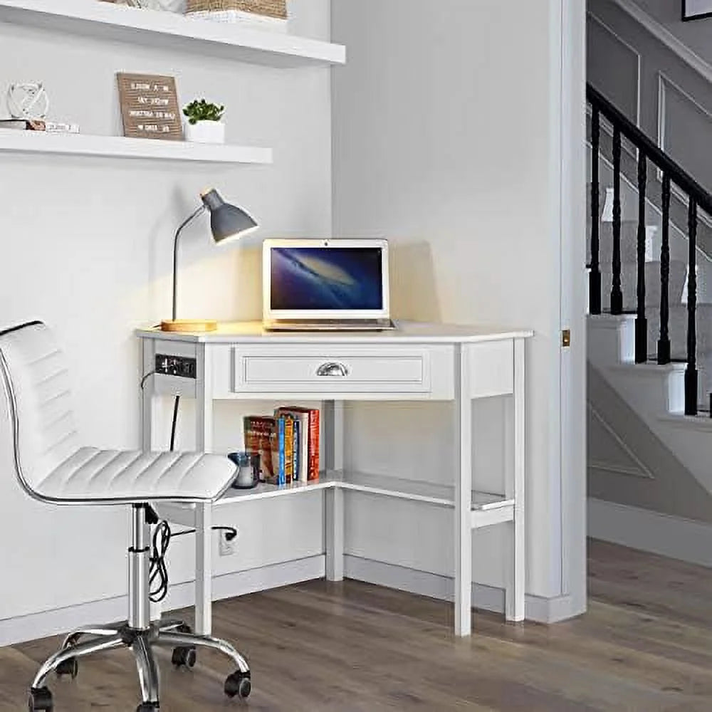 L Shaped Corner Computer Desk with Power Outlets White A7330