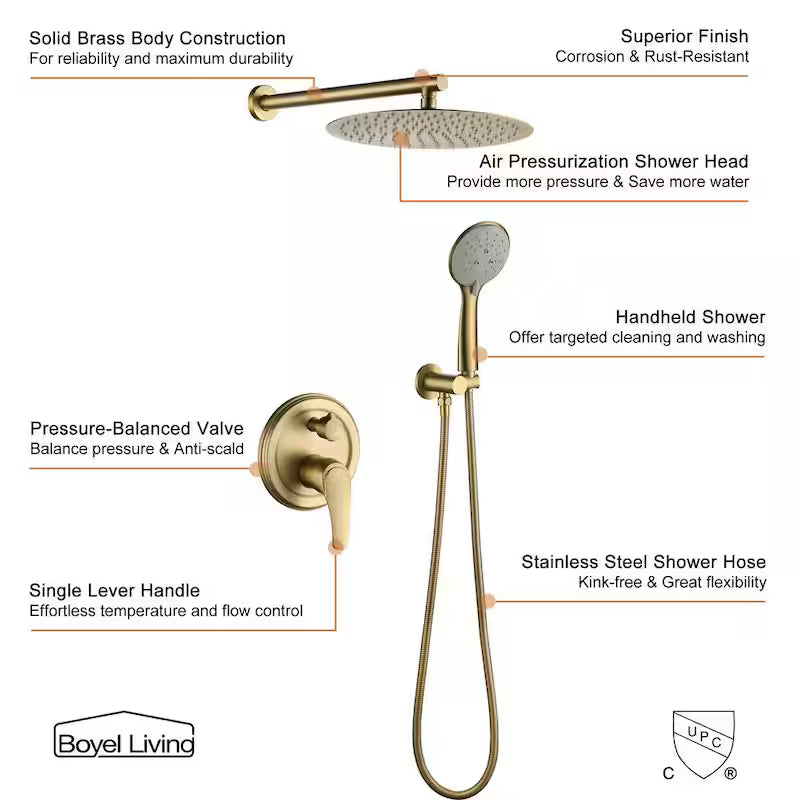 Wall Mount Dual Shower Heads with Valve in Brushed Gold W125