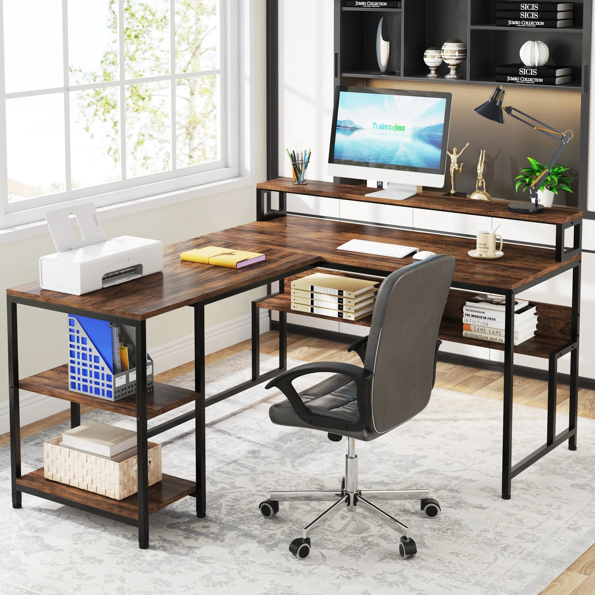 59" L Shaped Desk with Monitor Stand and Storage Shelf B826