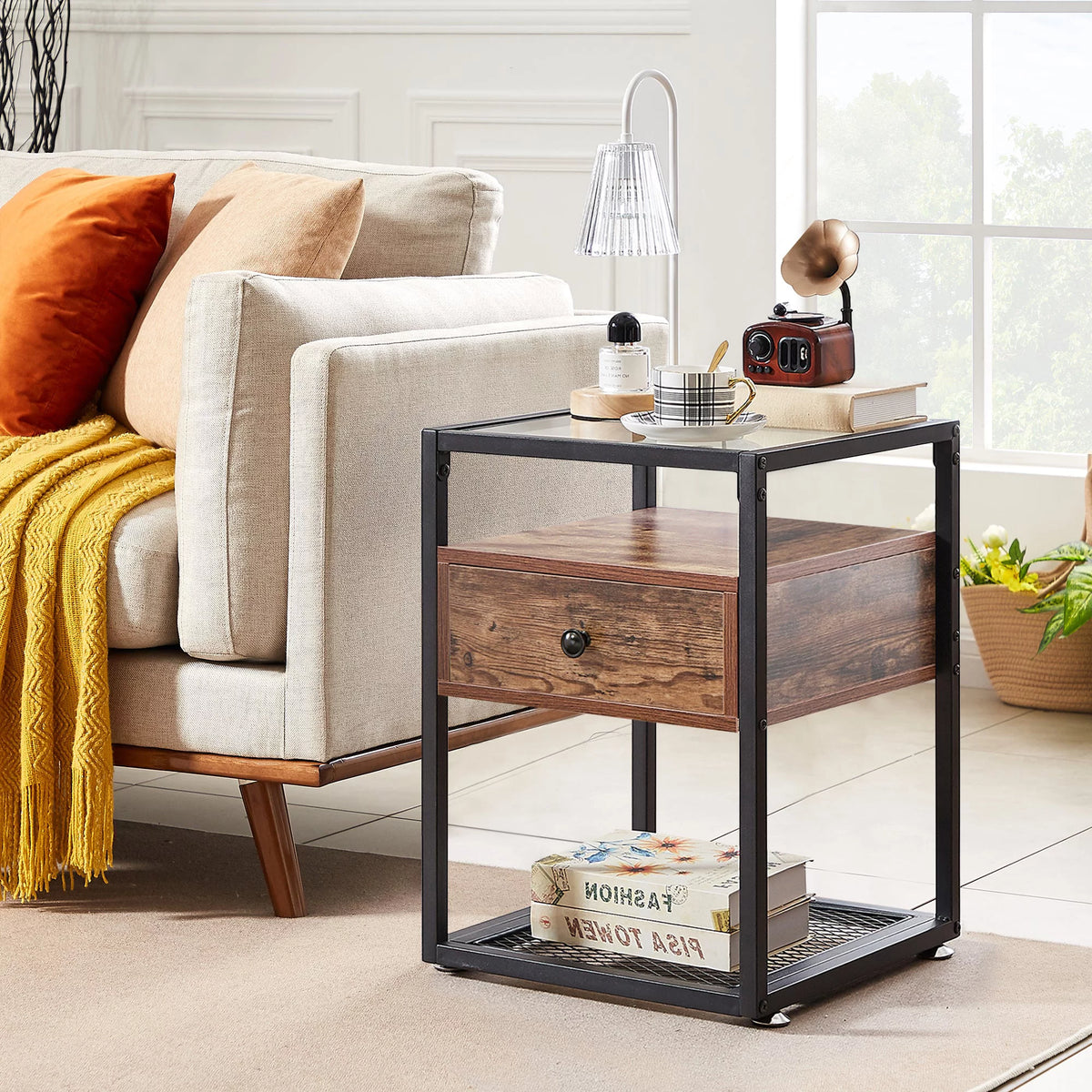 Brown Nightstand with Drawer and Shelf W475