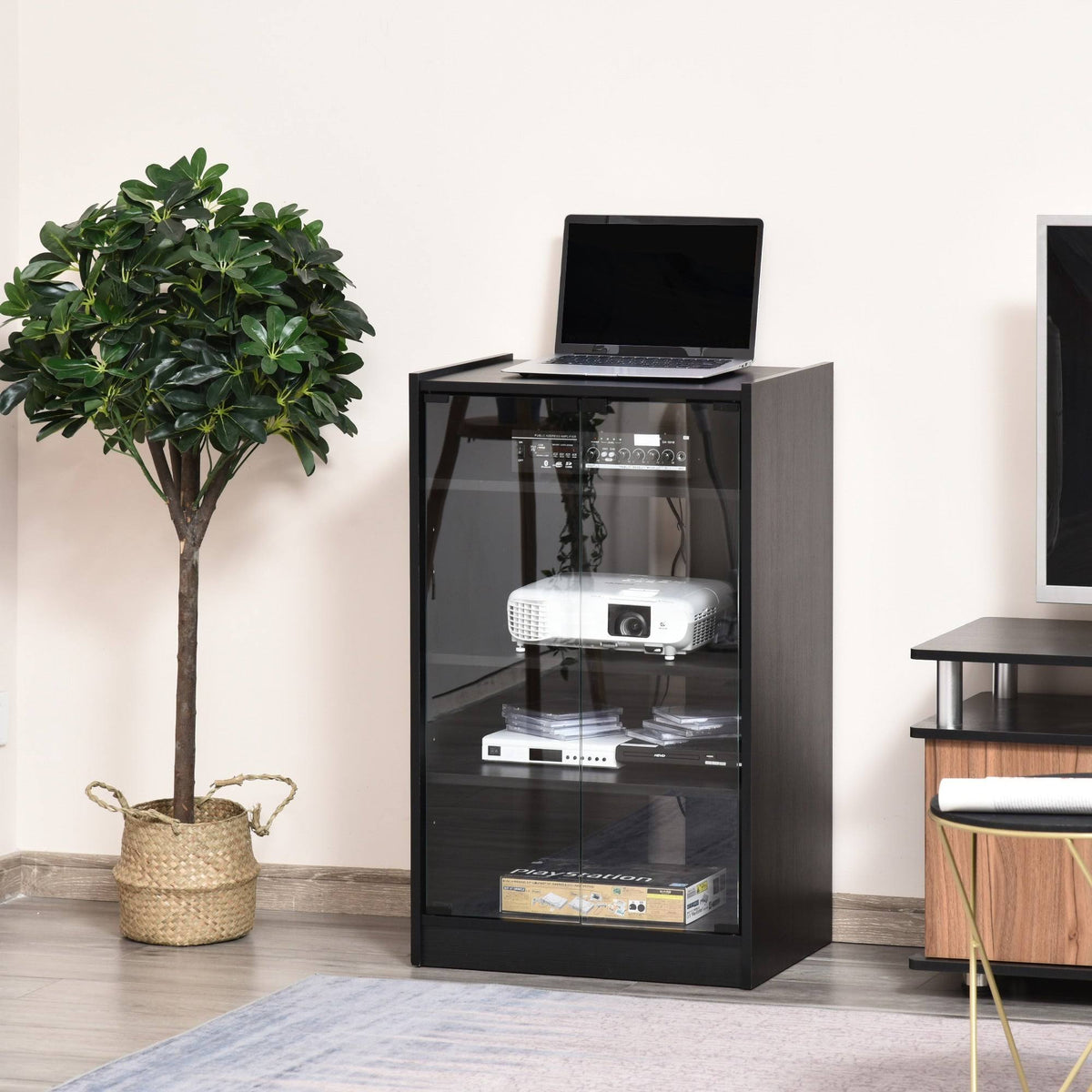 5-Tier Media Stand Cabinet with Tempered Glass Doors, Black O7322