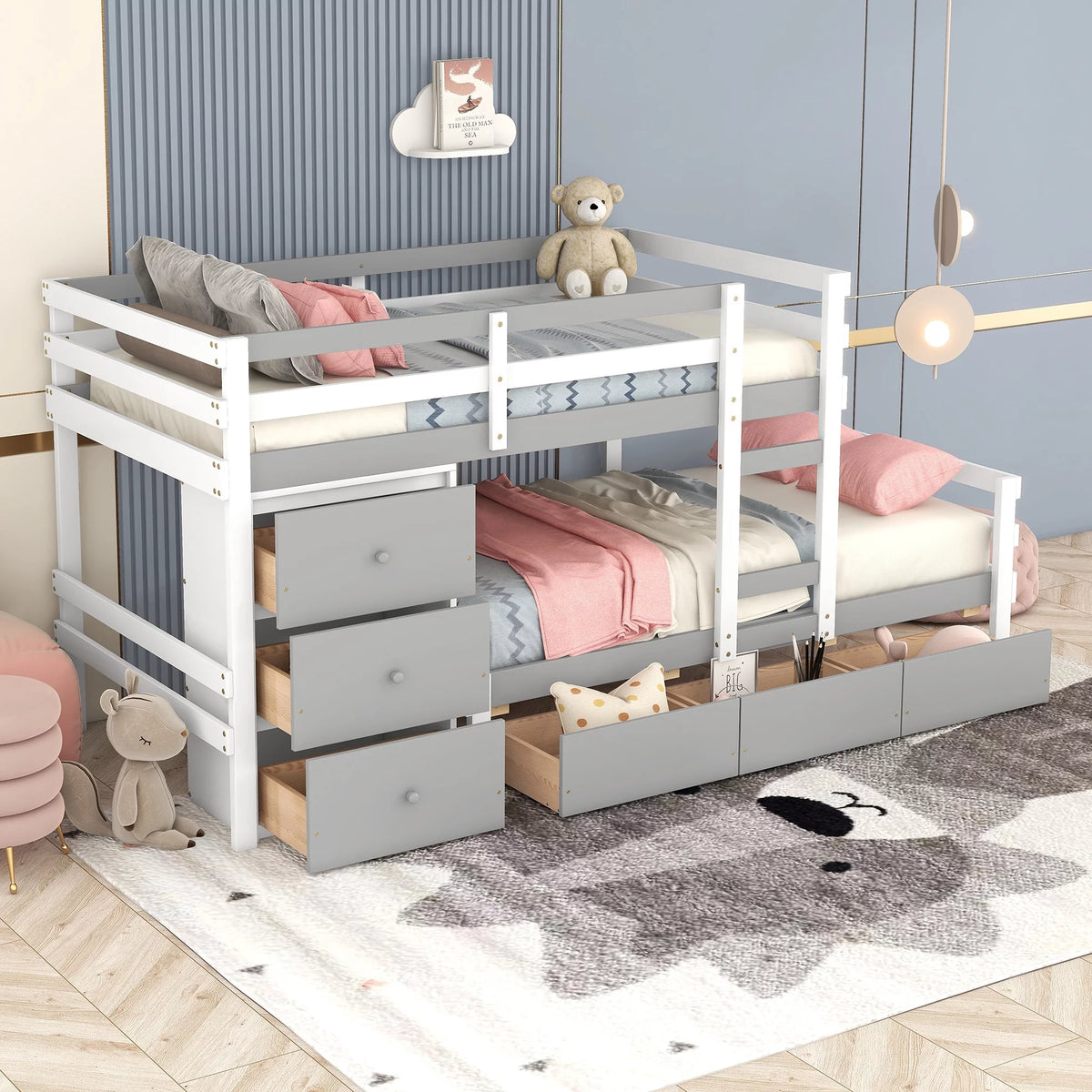 Twin over Twin Bunk Bed with Six Drawers Gray J122