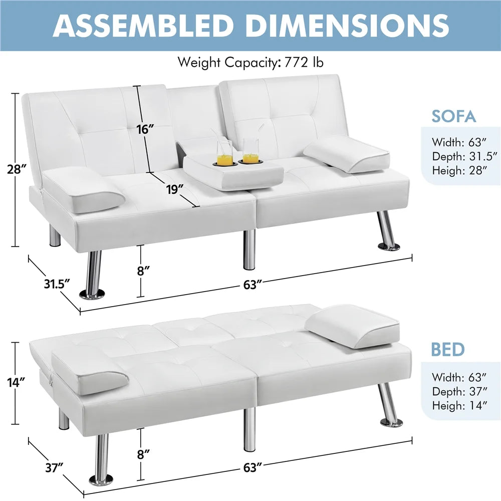 White Faux Leather Futon Sofa Bed with Cup Holders S2753