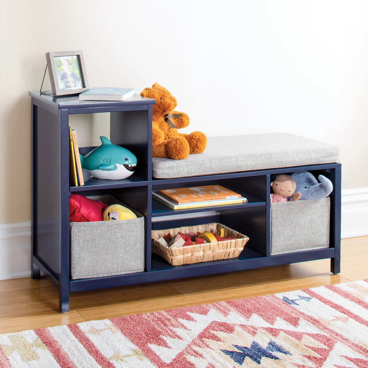 Kids' Wooden Bookshelf and Toy Storage Bench with Bins Y35783