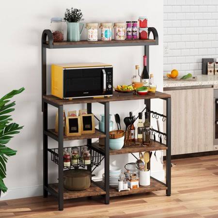 Kitchen Bakers Rack Microwave Oven Stand with Wire Basket and 6 Hooks Y7596