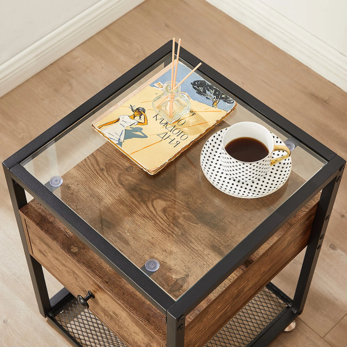 Brown Nightstand with Drawer and Shelf W475
