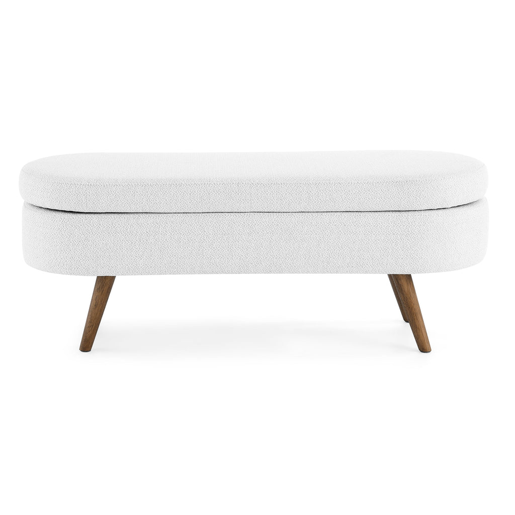 White Oval Storage Ottoman Bench with Rubber Wood Legs I5538
