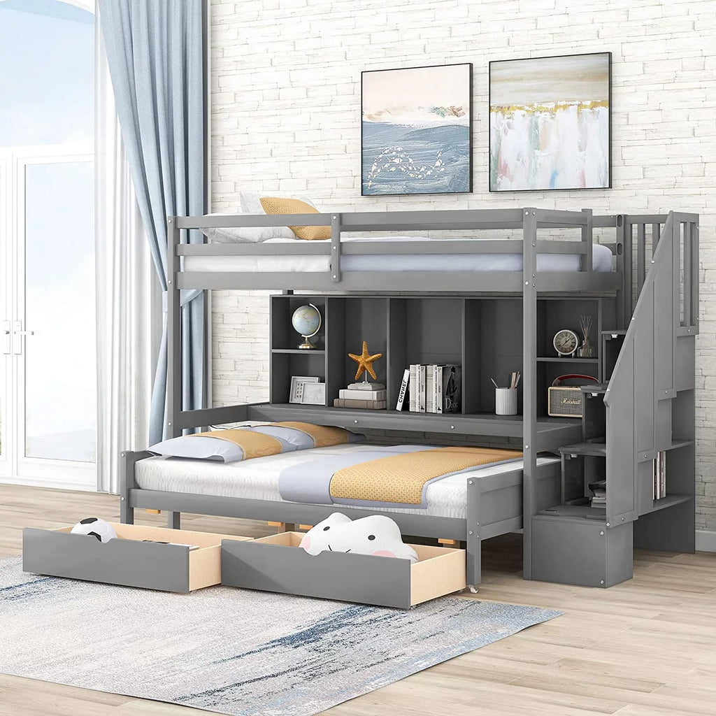 XL Over Full Solid Wood Bunk Bed with Stairs and Storage O164332