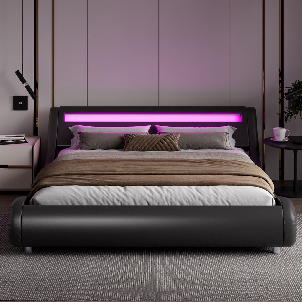 Queen Size Upholstered Bed Frame with LED Headboard, Black J28905