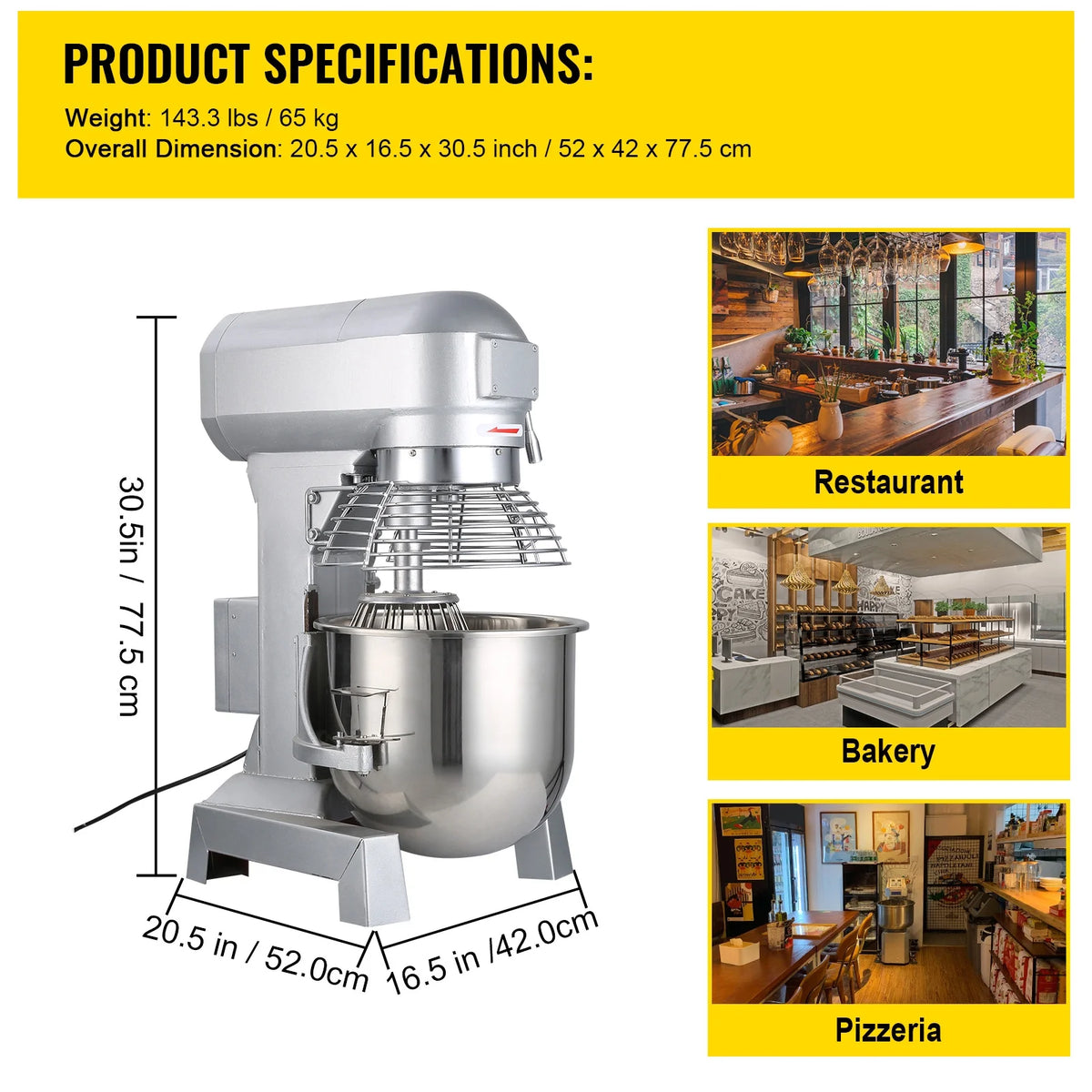 Commercial Food Mixer 20Qt 750W 3 Speeds Stainless Steel Bowl B75335