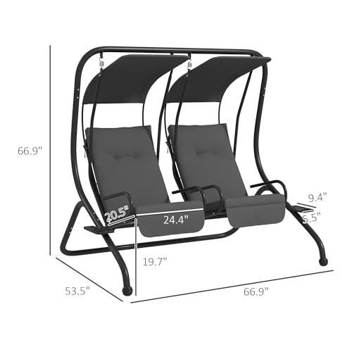 Patio Swing Chair with 2 Separate Seats, Removable Canopy and Cup Holders, Gray O69862