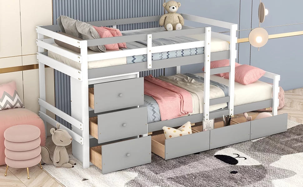 Twin over Twin Bunk Bed with Six Drawers Gray J122