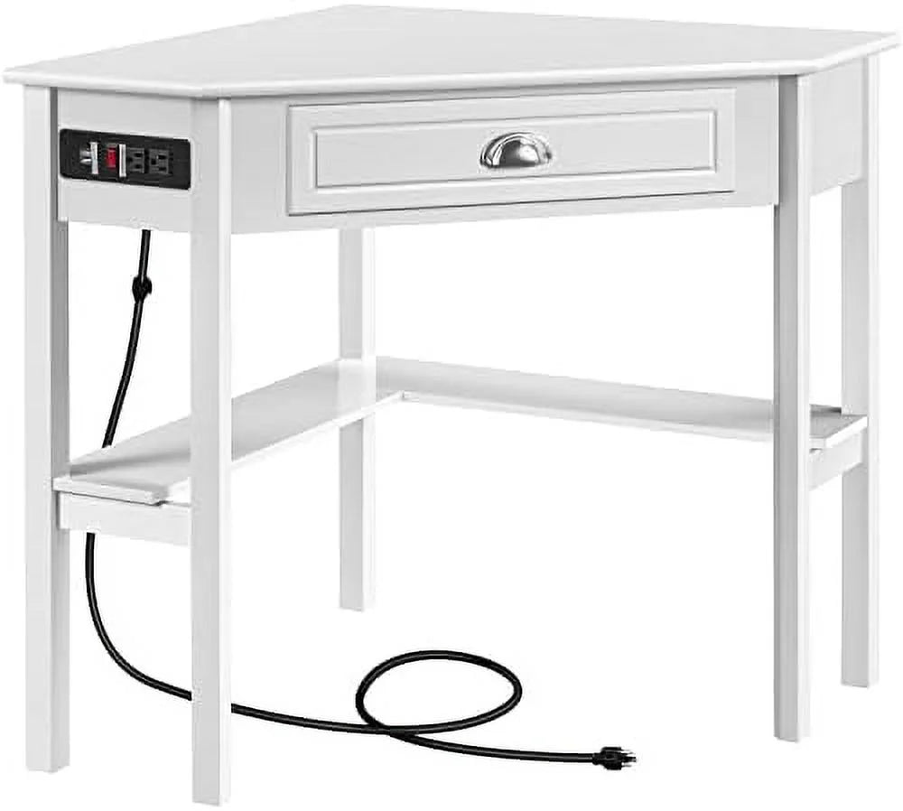 L Shaped Corner Computer Desk with Power Outlets White A7330