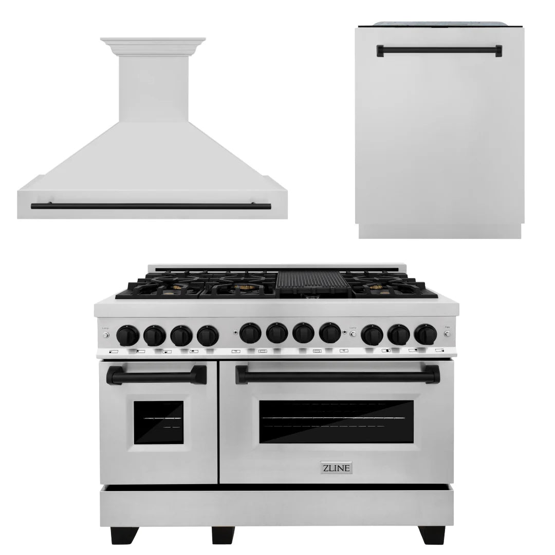 48 In. Gas Range, Range Hood, Dishwasher in Stainless Steel with Matte Black Accents E610255