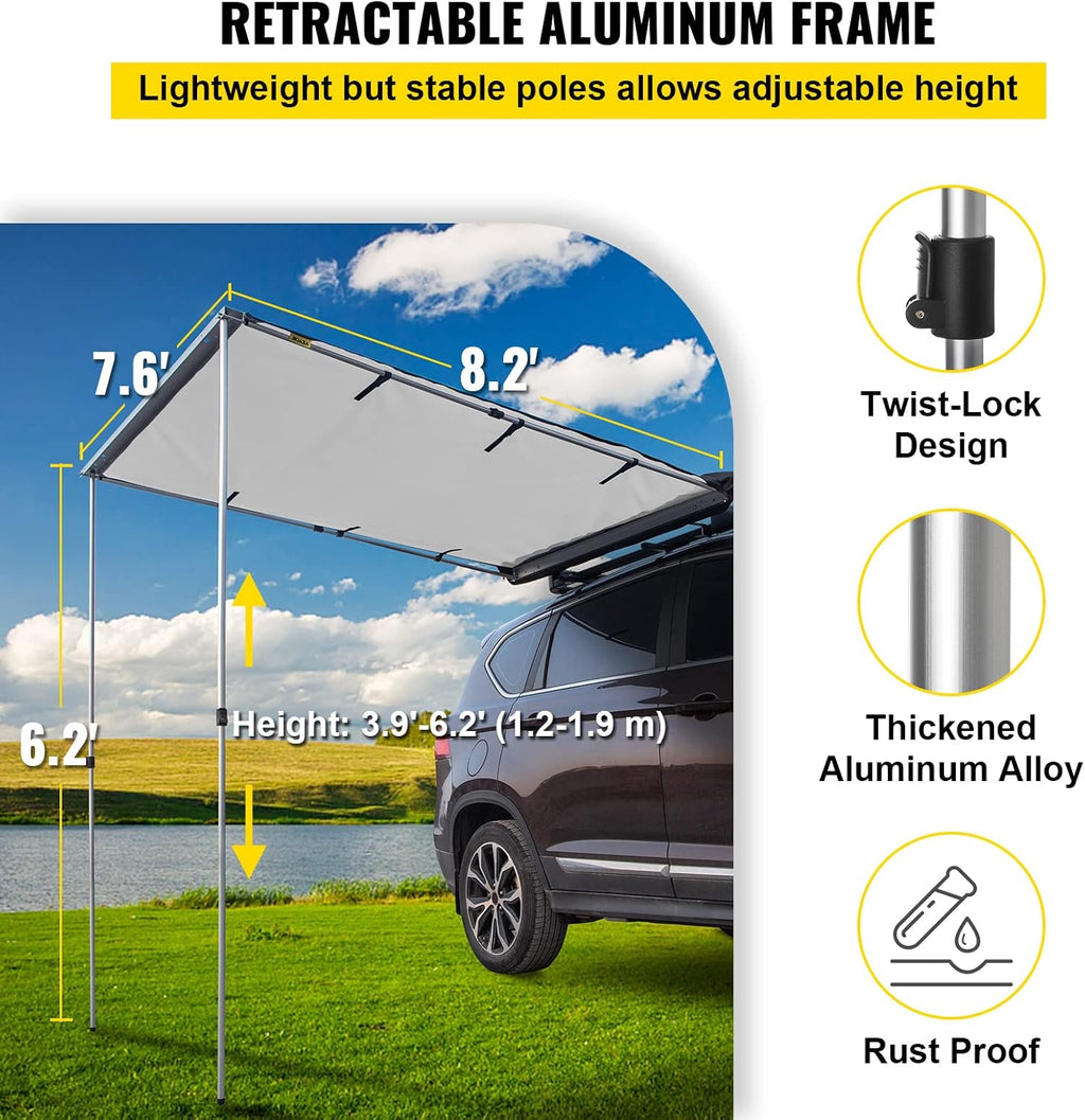 Car Side Awning, 7.6'x8.2', Retractable Waterproof UV50+ with Carry Bag, Grey T743852