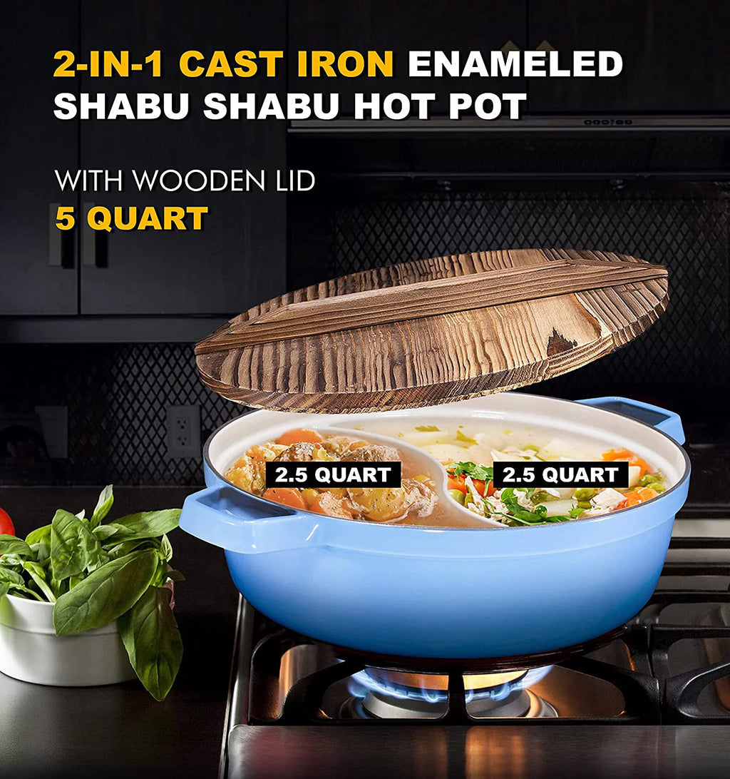 2-In-1 Cast Iron Shabu Shabu Hot Pot with Wooden Lid M218