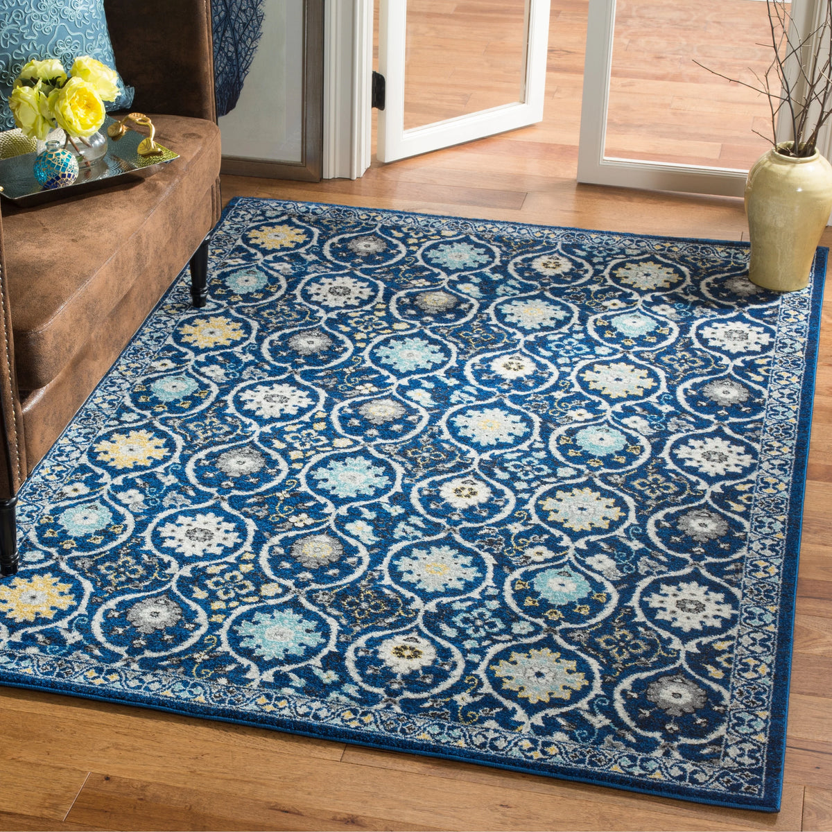 Ivory Blue 8' x 10' Floral Geometric Area Rug T608529