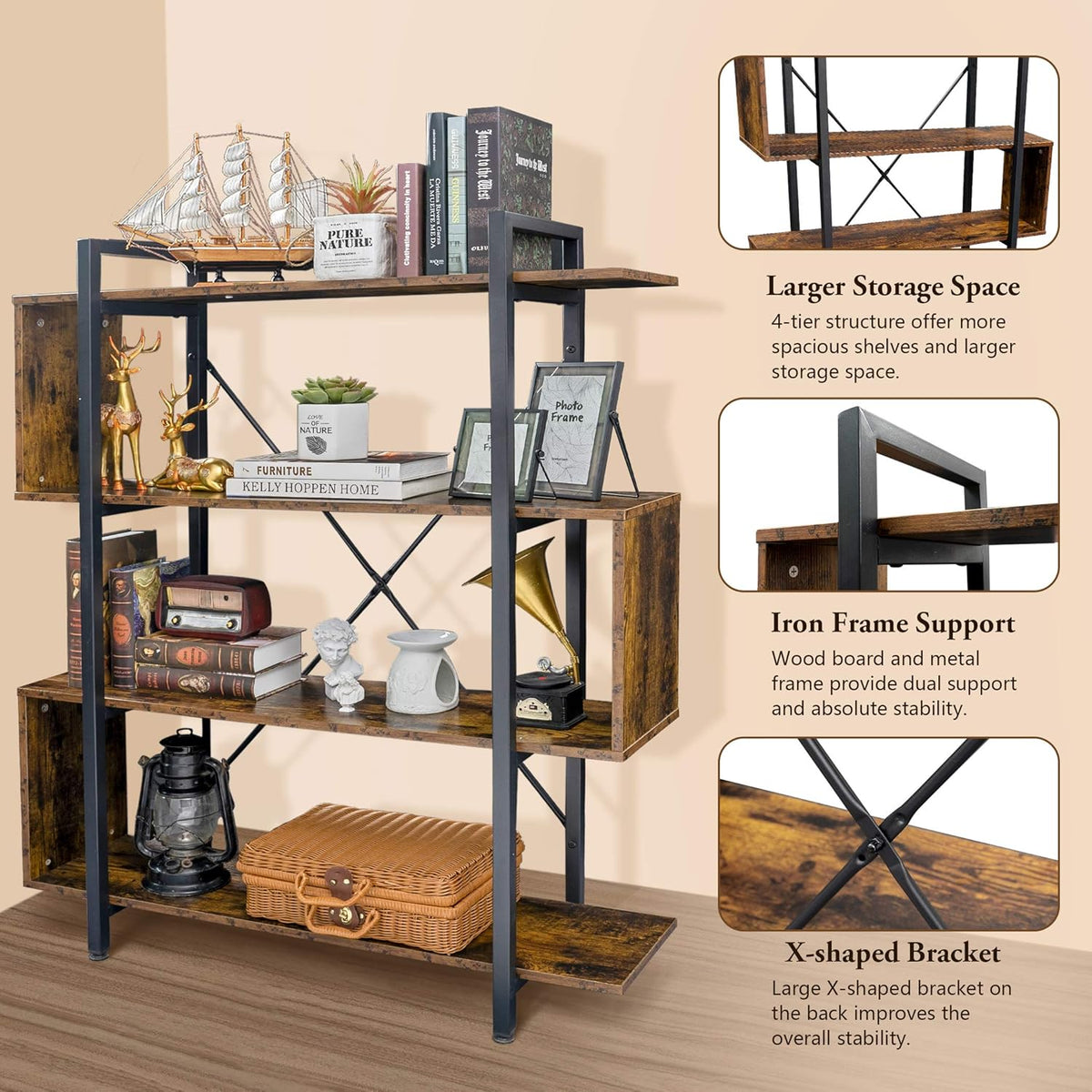 Vintage Industrial 4 Tier S Shaped Bookshelf D406