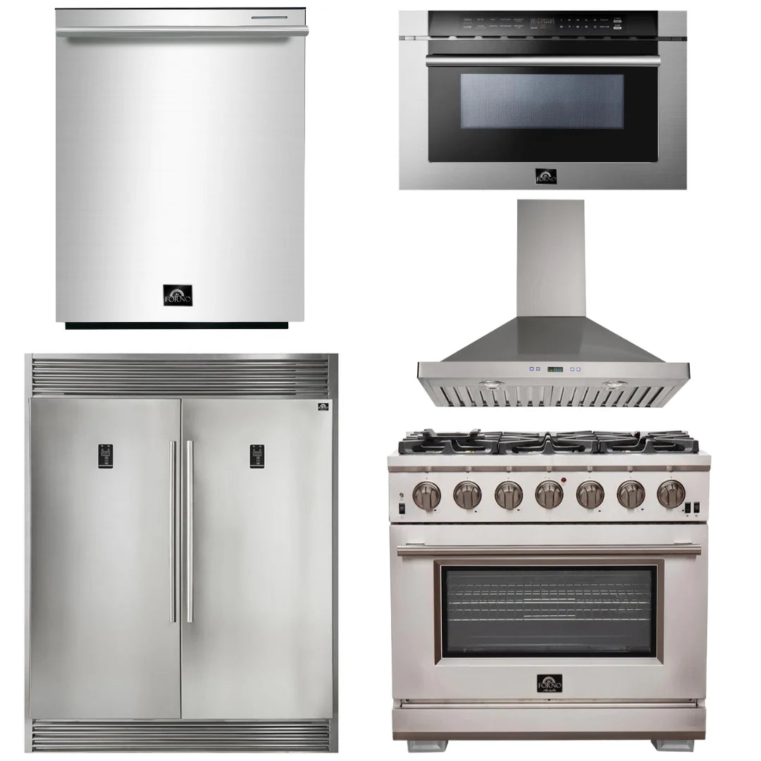 36 Inch Pro Gas Range, Wall Mount Range Hood, Refrigerator, Microwave Drawer, Dishwasher S751