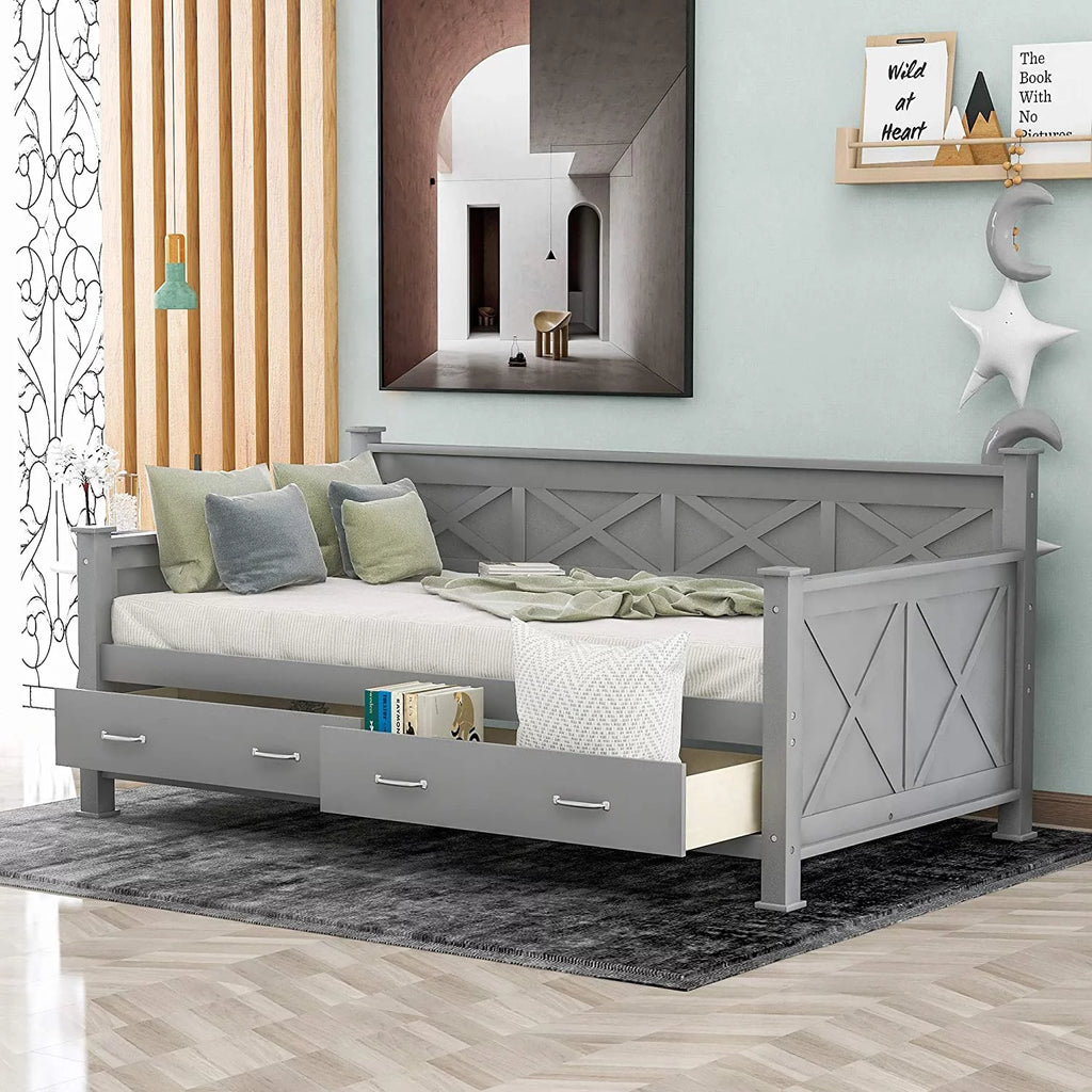 Grey Wood Daybed with Two Storage Drawers V946
