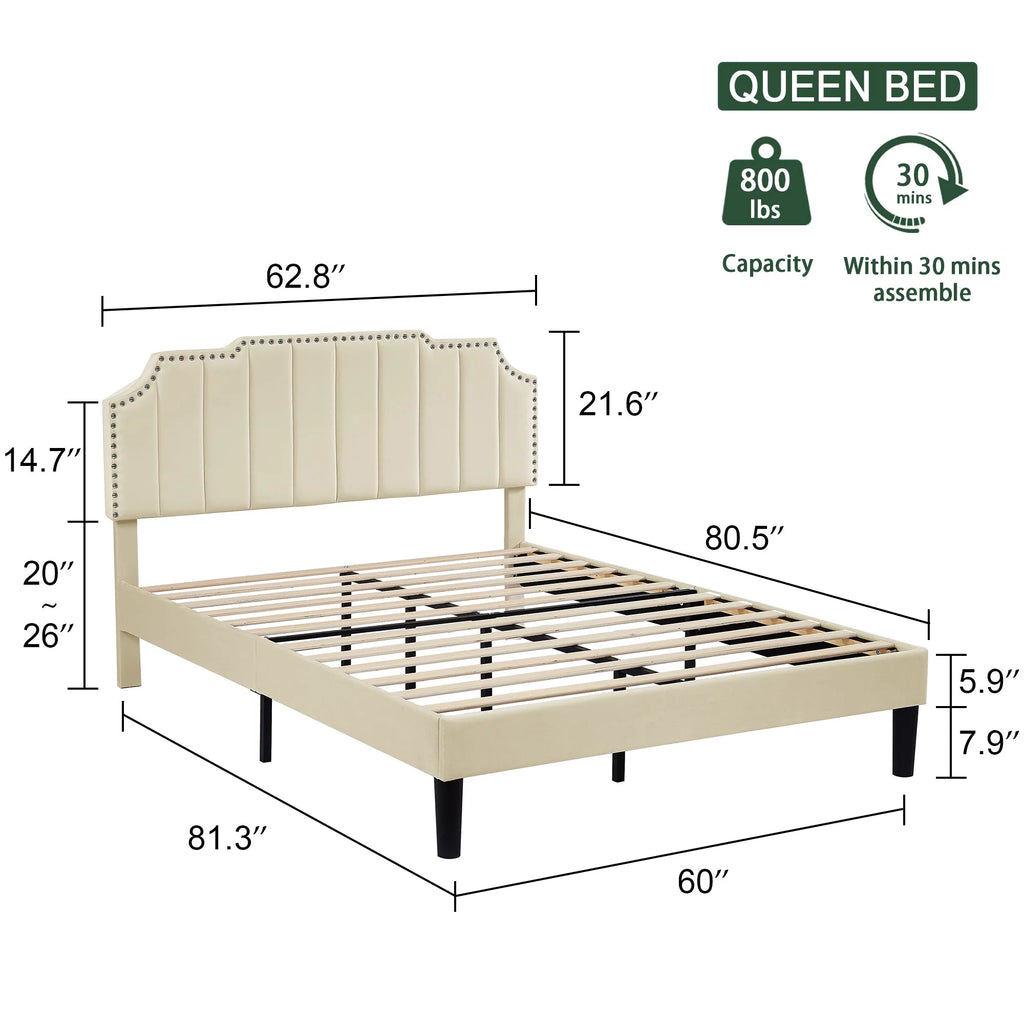 Queen Size Upholstered Platform Bed Frame with Nailhead Trim H33820