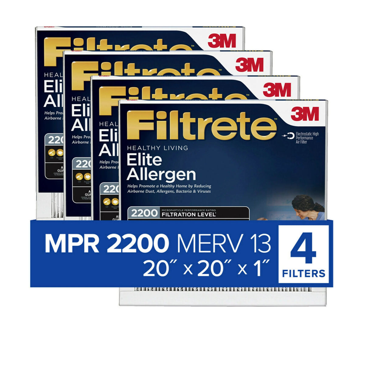 20x20x1 MERV 13 Air Filter, 4 Filters F16836