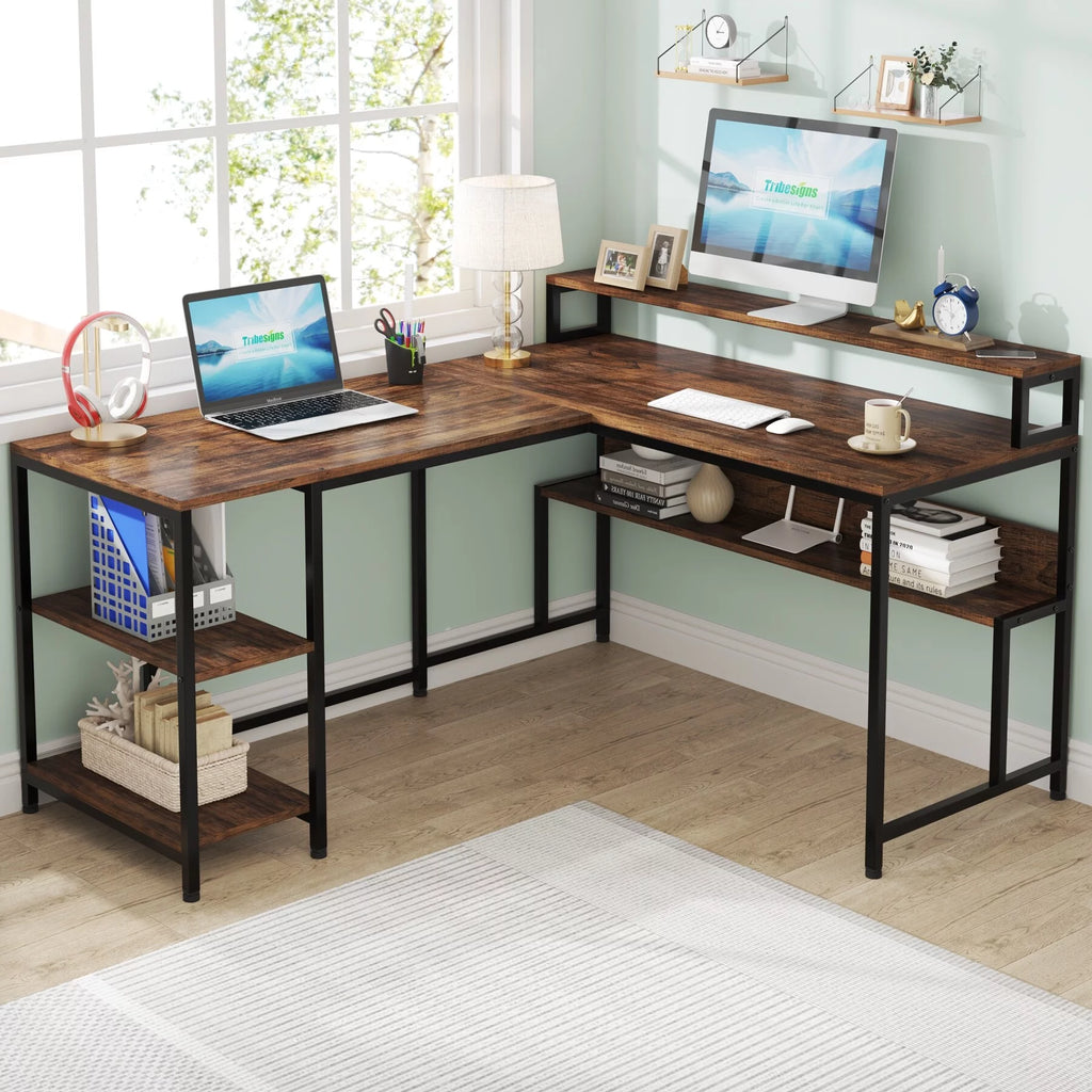 59" L Shaped Desk with Monitor Stand and Storage Shelf B826