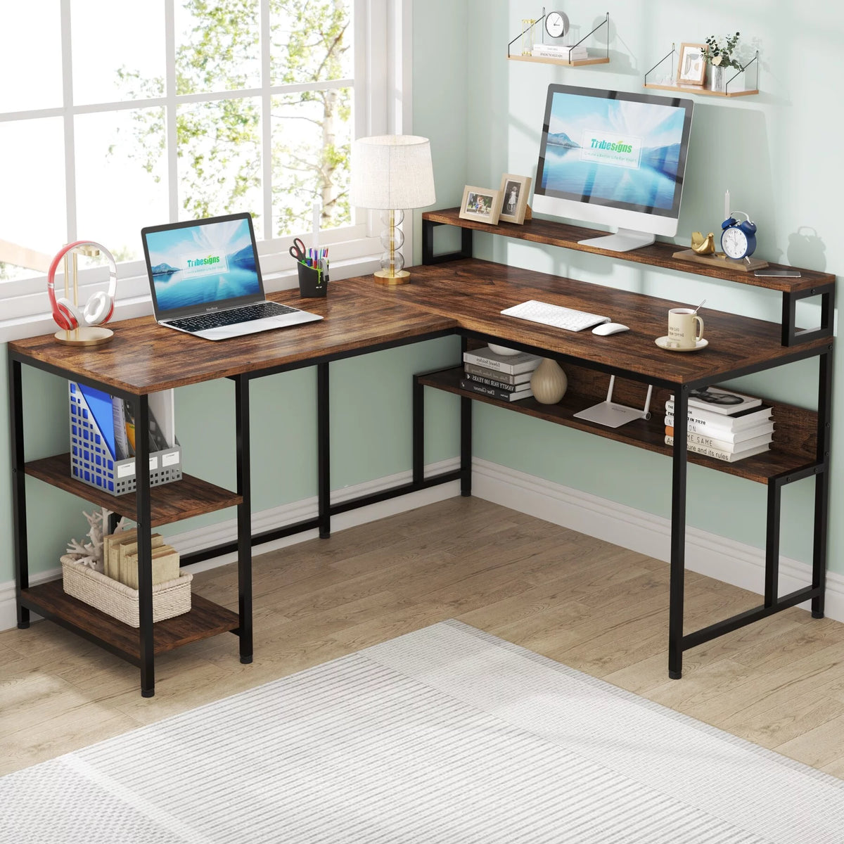 59" L Shaped Desk with Monitor Stand and Storage Shelf B826