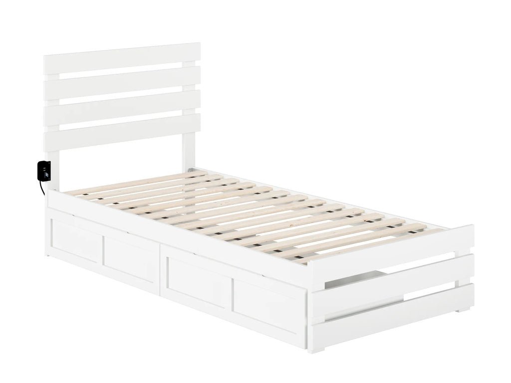 White Twin Extra Long Bed with Footboard and 2 Drawers I307