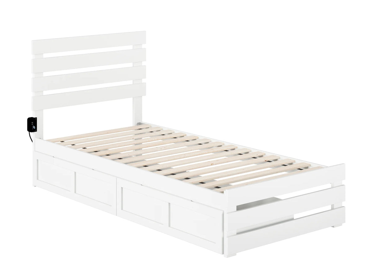 White Twin Extra Long Bed with Footboard and 2 Drawers I307