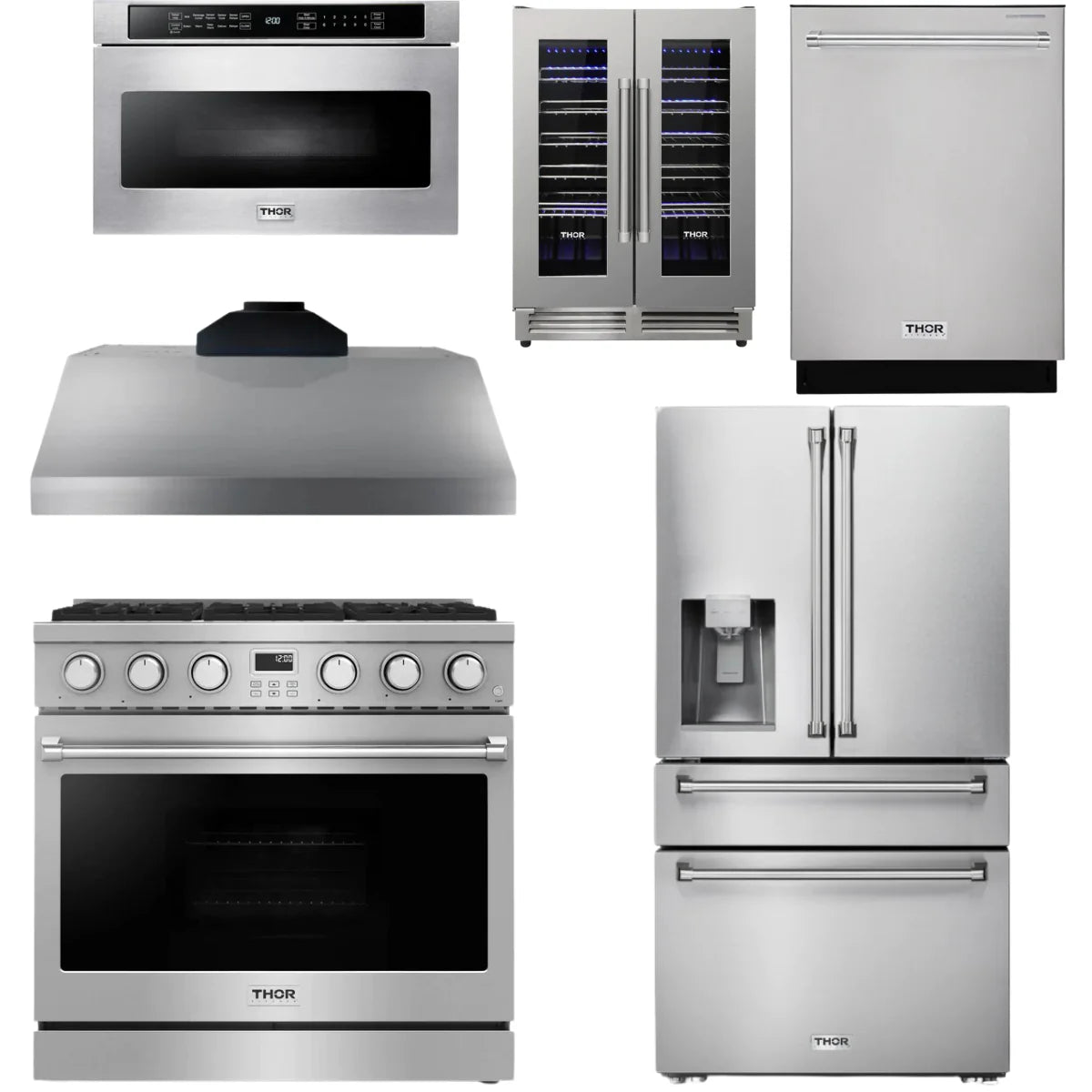 36 Gas Range, Range Hood, Refrigerator, Dishwasher, Microwave and Wine Cooler J938