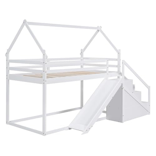 White Twin Over Twin Wood Bunk Bed with Slide and Storage Stairs O7687