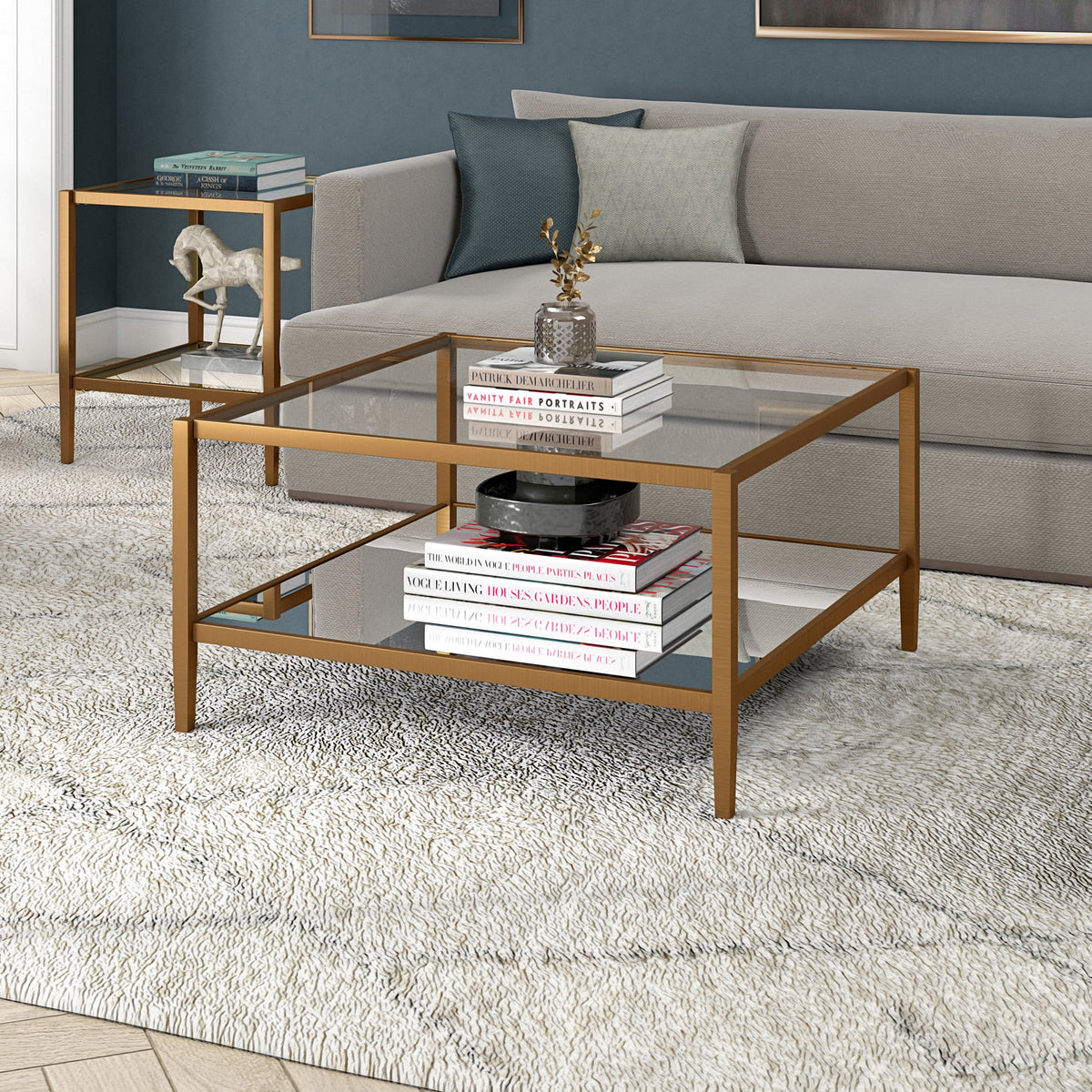 32" Wide Square Coffee Table with Mirror Shelf T37633