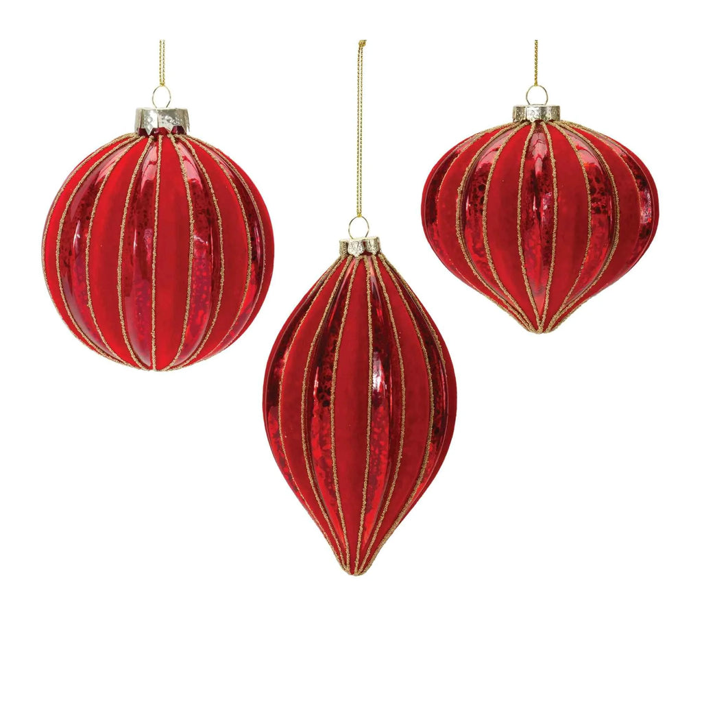 Set of 6 Red Ribbed Mercury Glass Christmas Ornaments B67240