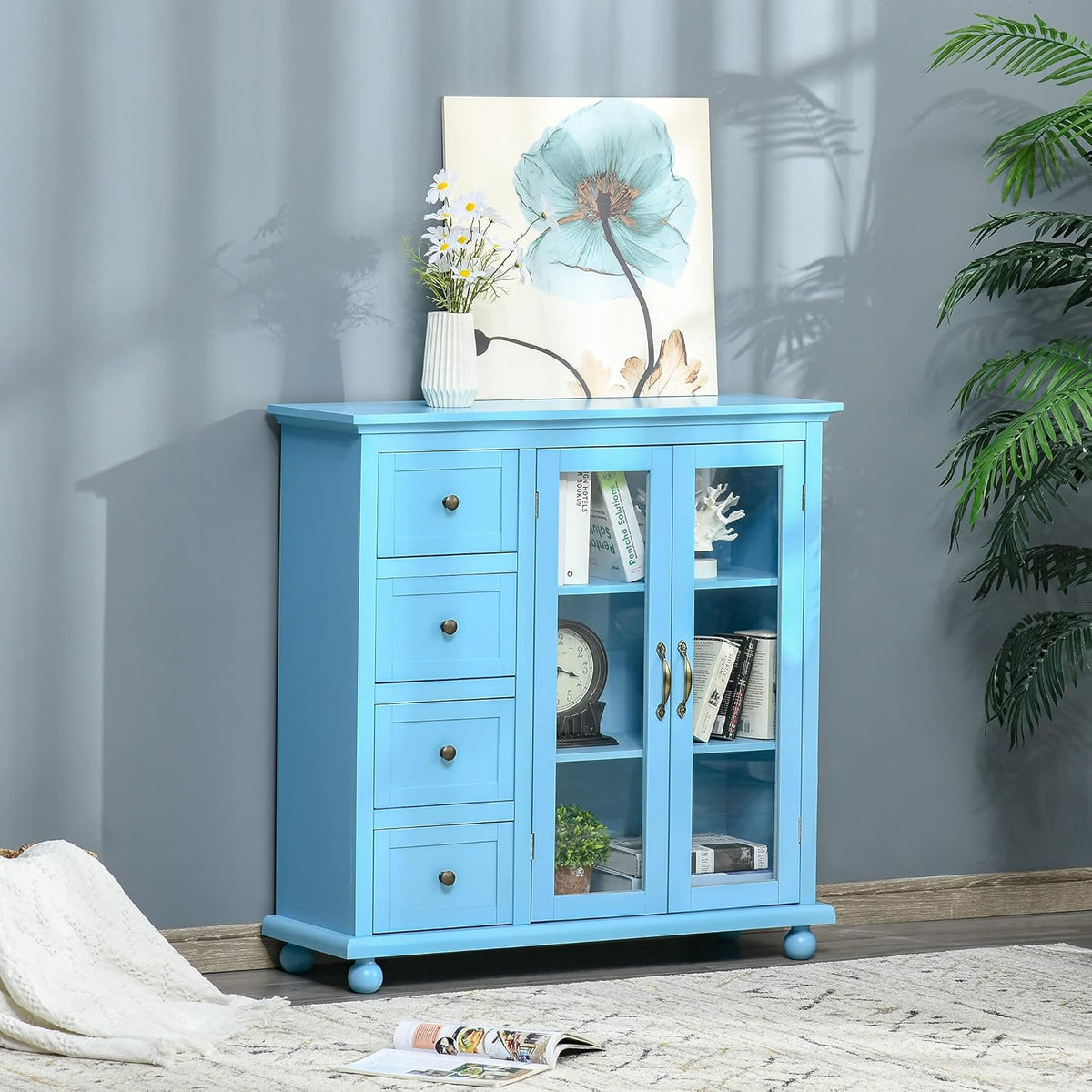 Storage Sideboard Cabinet with 4 Drawers and Glass Door Cupboard V79343