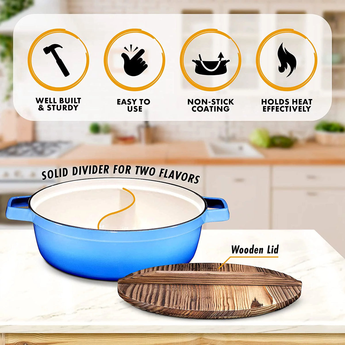 2-In-1 Cast Iron Shabu Shabu Hot Pot with Wooden Lid M218