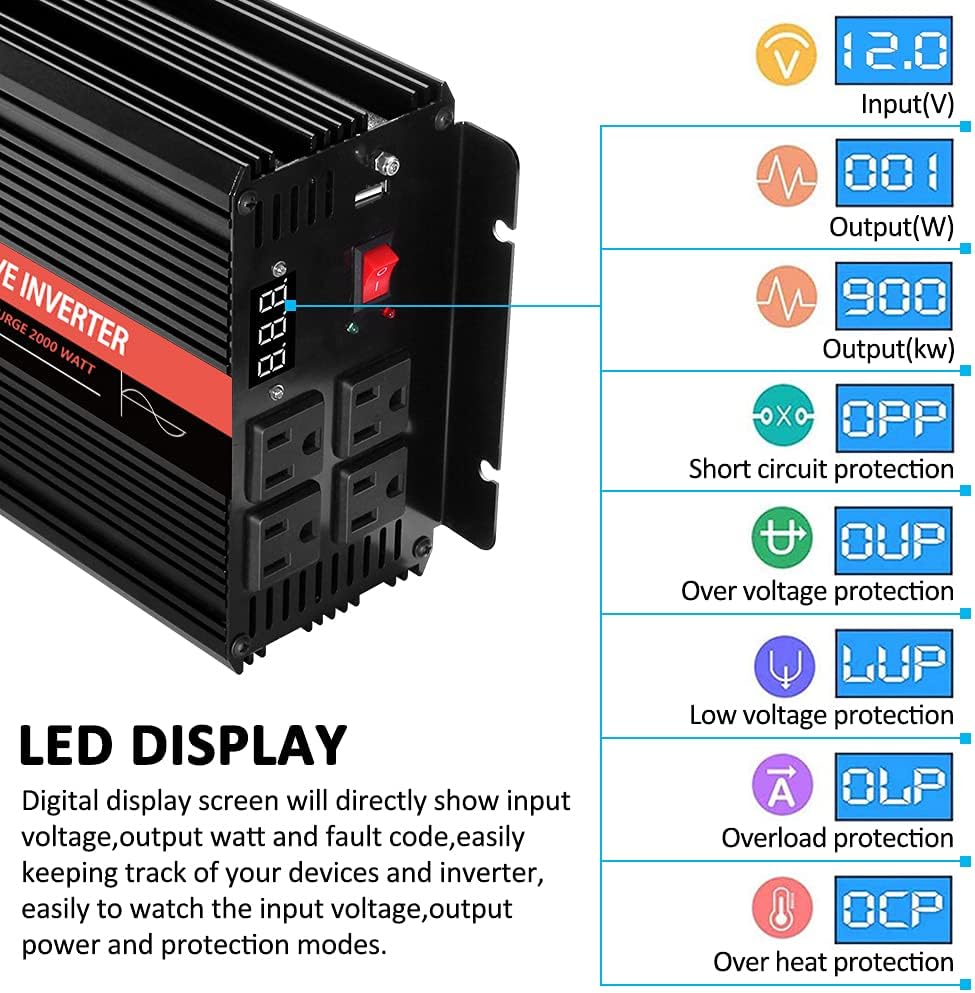 2000 Watt Pure Sine Wave Inverter 12V DC to 110v/120v AC F7776