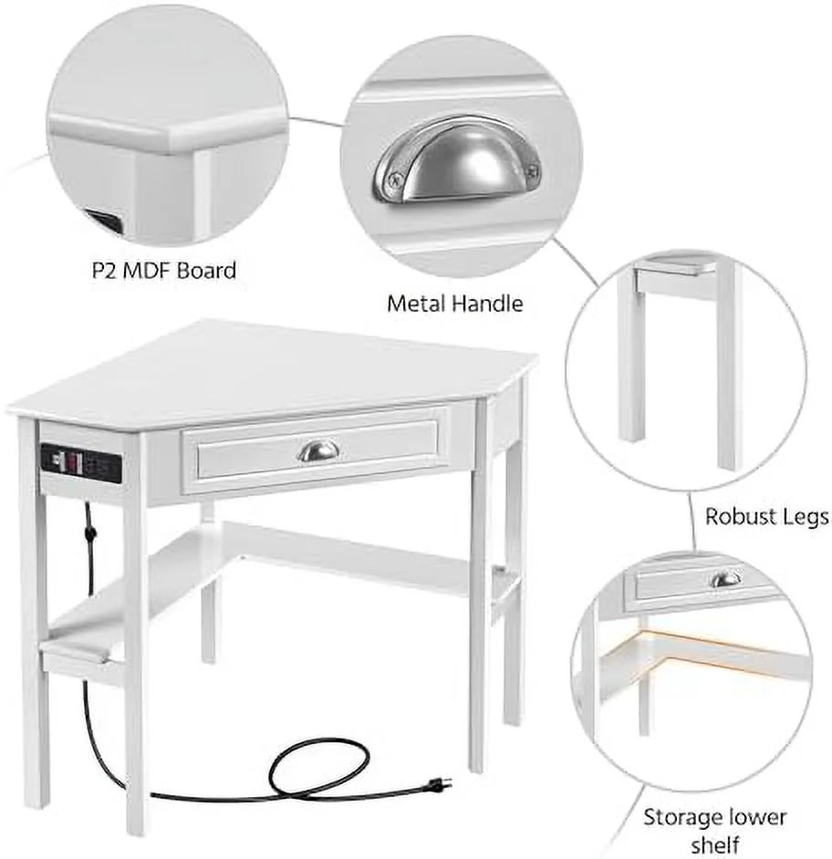 L Shaped Corner Computer Desk with Power Outlets White A7330