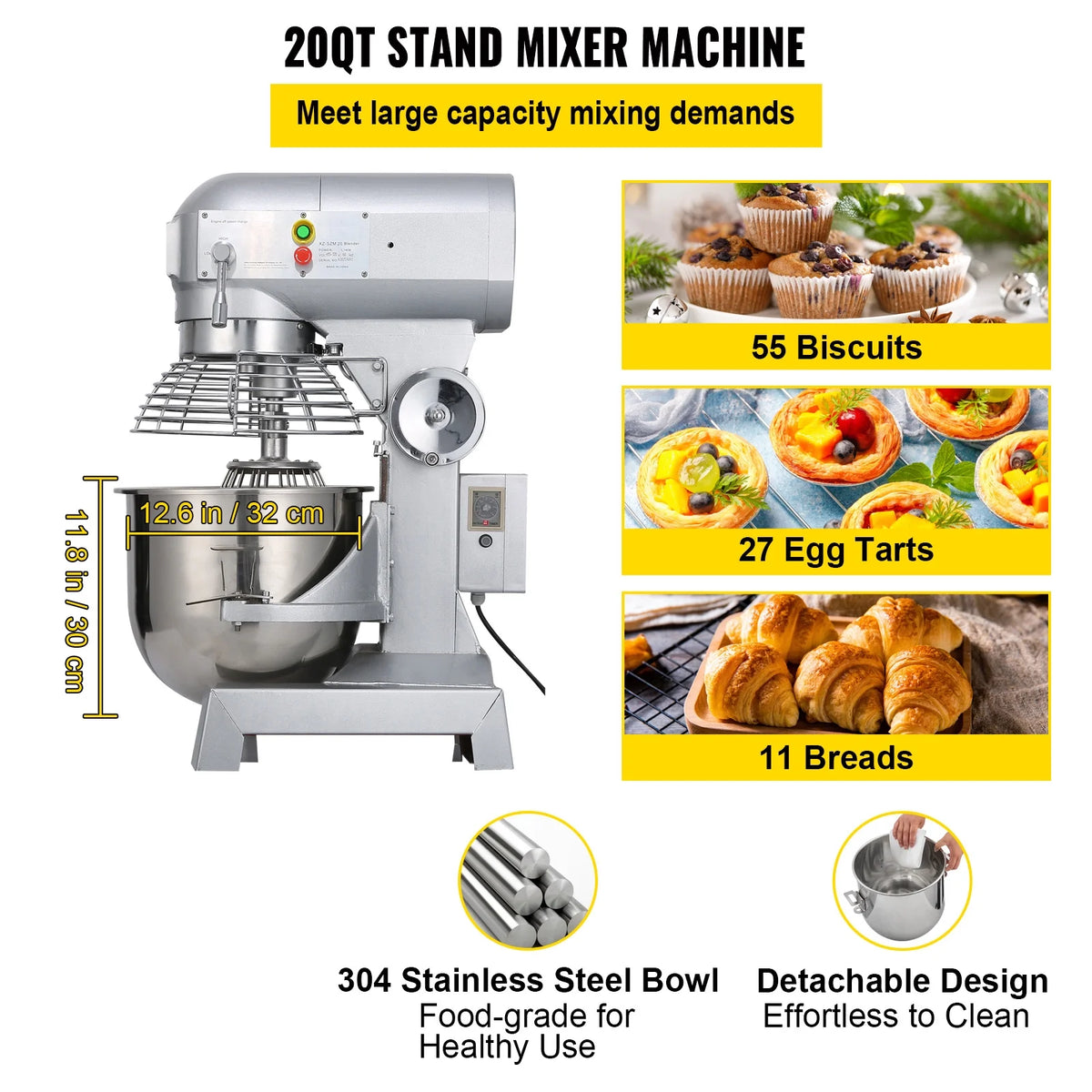Commercial Food Mixer 20Qt 750W 3 Speeds Stainless Steel Bowl B75335