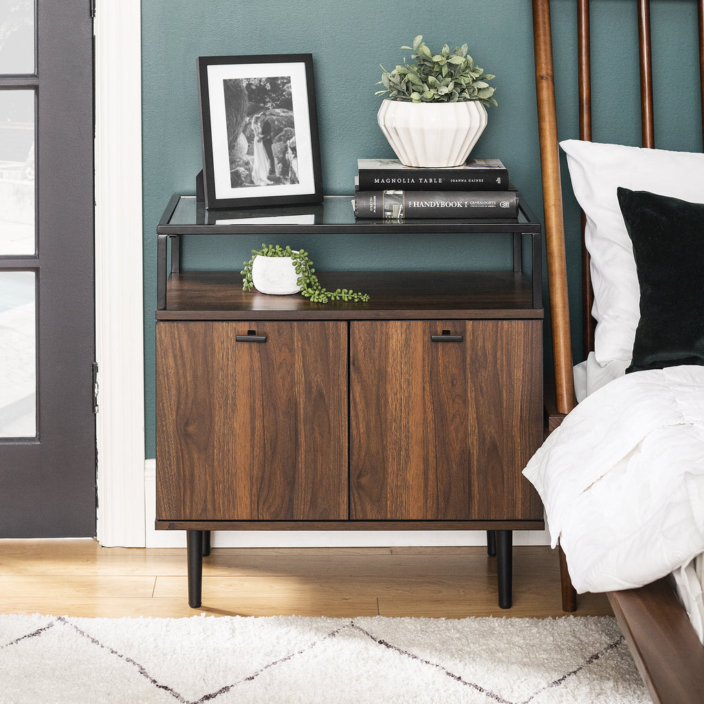 Glass Top Two-Door Nightstand Set of 2 Dark Walnut Y42140