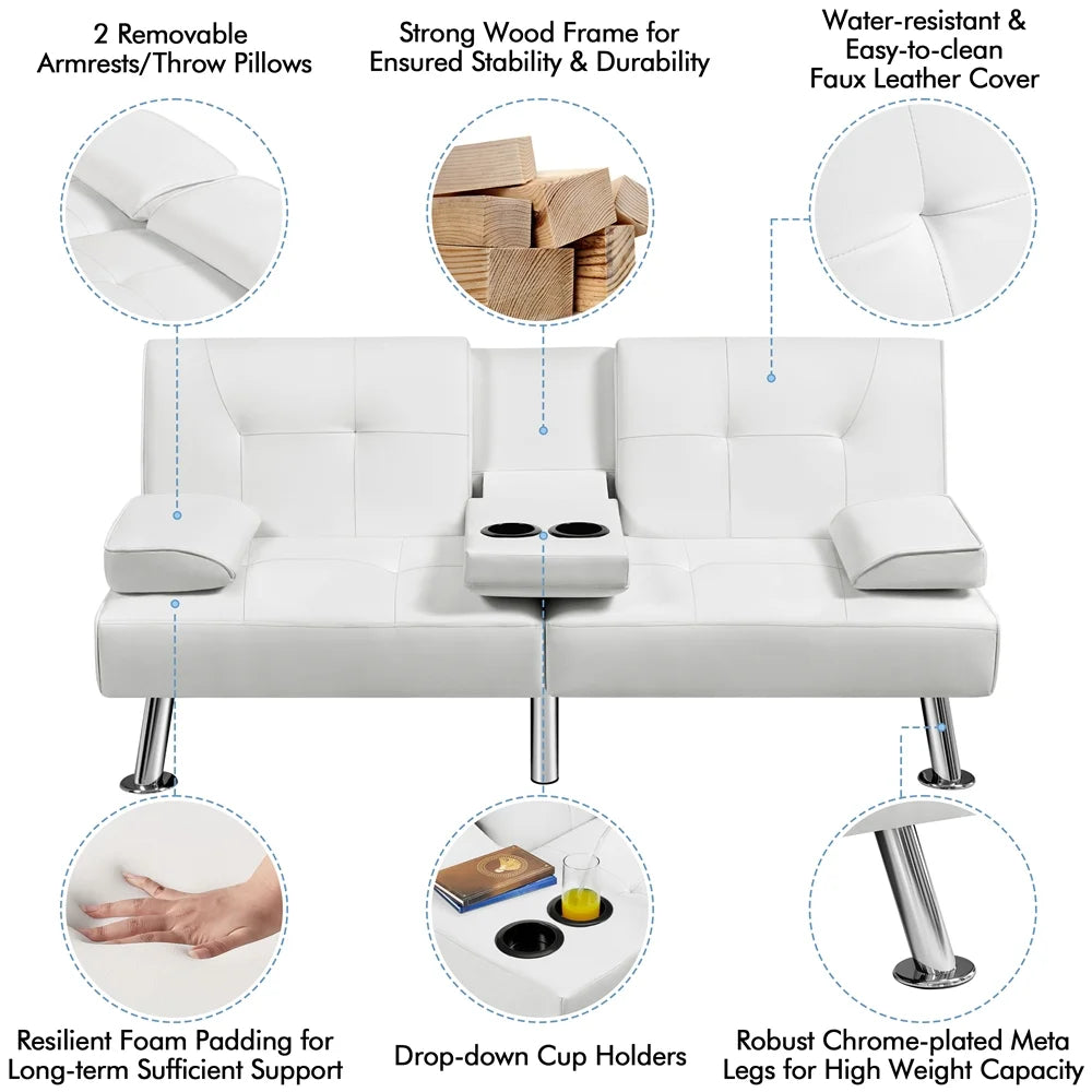 White Faux Leather Futon Sofa Bed with Cup Holders S2753