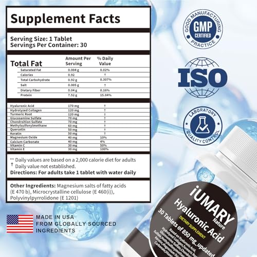 Hyaluronic Acid 850mg Dietary Supplement with Collagen 30 Tablets Pack of 3 H347
