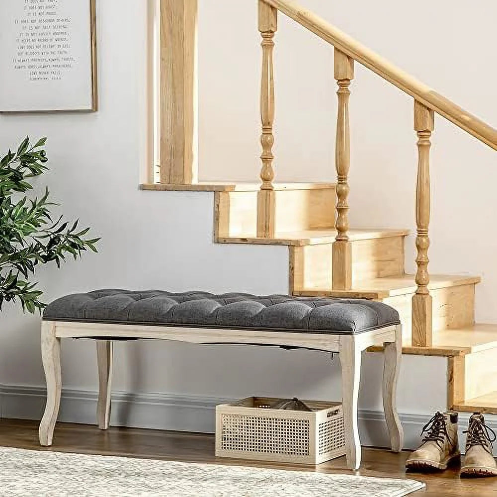 43" Upholstered Linen Fabric Ottoman Bench with Rubber Wood Legs H16903