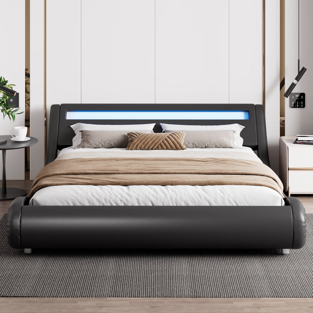 Queen Size Upholstered Bed Frame with LED Headboard, Black J28905