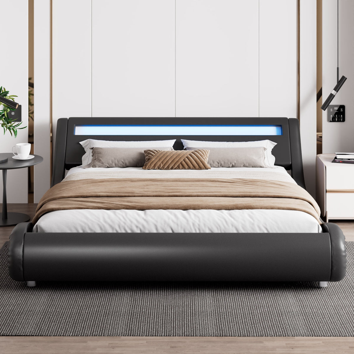 Queen Size Upholstered Bed Frame with LED Headboard, Black J28905